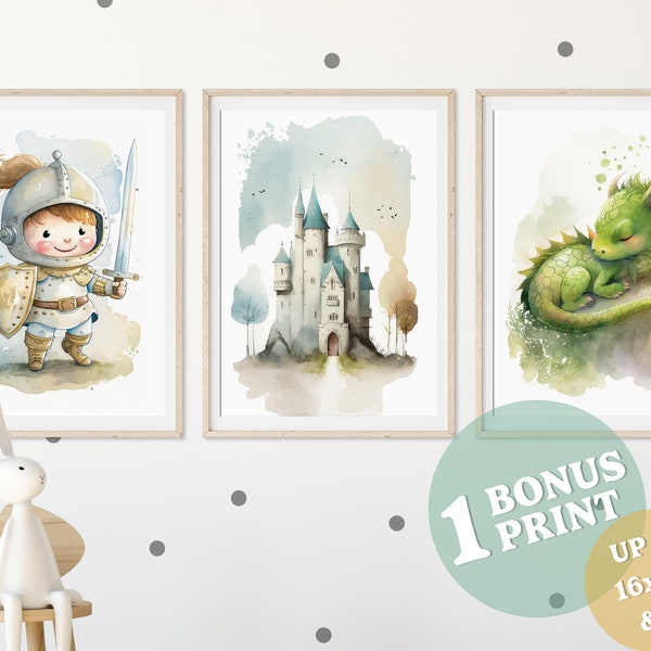 Trio le petit royaume – Chevalier, dragon et château + BONUS – Art mural imprimable aquarelle – Chambre de bébé / enfant et salle de jeux