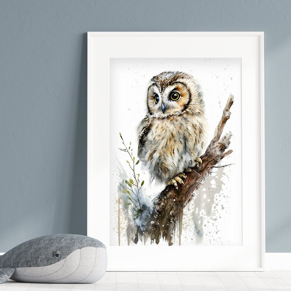 Adorable Baby Boreal Owl – Printable Wall Art for Nursery / Kids' Bedroom – Watercolor – Gender Neutral