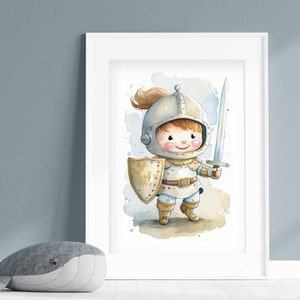 Adorable chevalier – Art mural imprimable style aquarelle pour chambre de bébé / enfant et salle de jeu – Couleurs non genrées