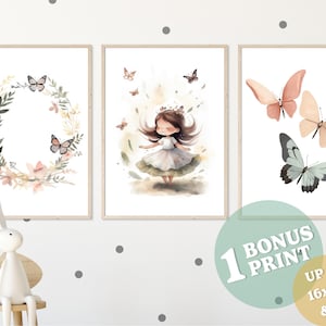 Little Girl and Butterfly, Set of 3 Printable Wall Art, Digital Art for Nursery Wall Decor, Kids Room Decor and Playroom – Instant Download