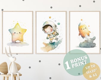 First Space Exploration Trio – Astronaut, Spaceship and Star + BONUS – Printable Wall Art Set for Nusery and Child's Bedroom – Watercolor