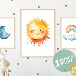 Sun, Moon and Rainbow, Set of 3 Printable Wall Art, Digital Art for Nursery Wall Decor, Kids Room Decor and Playroom – Instant Download