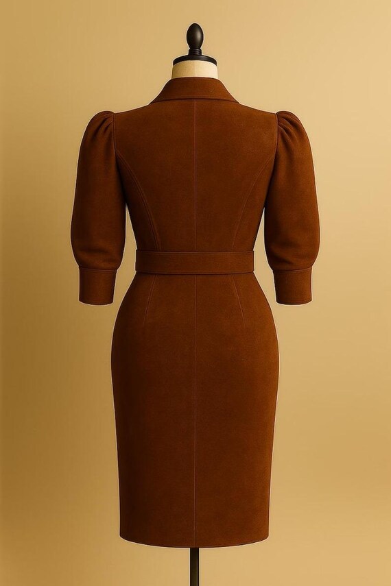Elegant Brown Suede Midi Dress With Button Front, Puff Sleeves, Collared Neckline & Belted Waist - Etsy Elegant Brown Suede Midi Dress With Button Front, Puff Sleeves, Collared Neckline & Belted Waist - Etsy