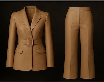 Traje de cuero beige: Blazer a medida para mujer y pantalones anchos