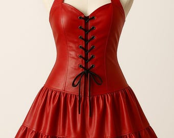 Red Leather Halter Mini Dress with Corset Lace-Up & Ruffle Skirt – Gothic Party Outfit.
