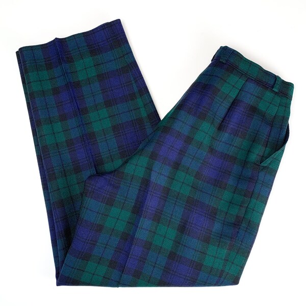 1980s wool plaid pants by Talbots blue/green tartan ankle length trousers pleated slacks fits like size 4