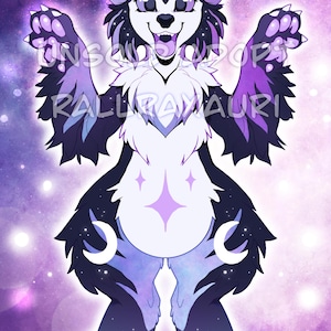 May include: Digital illustration of a wolf-like character with a celestial theme. The creature has white chest fur, purple and black fur, and a smiling expression. The background is a galaxy of purple and white with text.
