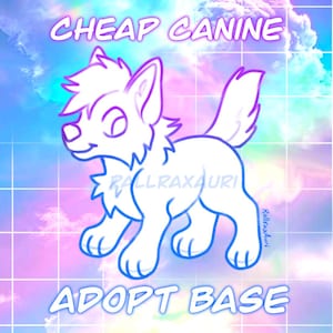 May include: A white cartoon canine illustration with purple and blue outlines, set against a pastel sky background. The text "CHEAP CANINE" and "ADOPT BASE" are displayed in a stylized font. The image has a grid overlay.