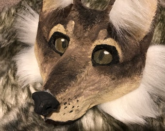 Masque de loup Therian premade - cosplay loup gris en bois fait main cosplay quadrobics GN