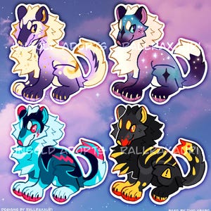 May include: Four stylized animal character designs with unique color palettes. The designs include a purple and gold, a galaxy-themed, a blue and red, and a black and yellow creature. Text includes "SOLD ADOPTS" and artist names.