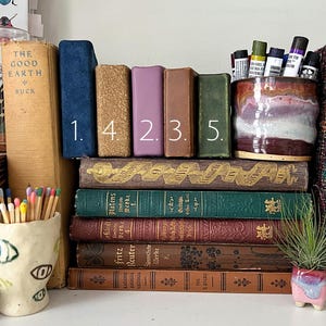 May include: A collection of vintage books in various colors, including blue, brown, and green, arranged on a shelf. A ceramic mug with paintbrushes and a small, decorative plant are also present. A ceramic container with matches is also visible.