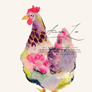 Pink colorful Chicken Wall Art -Watercolor Chicken Wall hanging Animal abstract Prints, Bright Poster - gloss finish - actual print 5x7 size