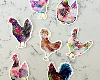 Watercolor Chicken Art Sticker Pack: Colorful Hen & Rooster Vinyl Stickers