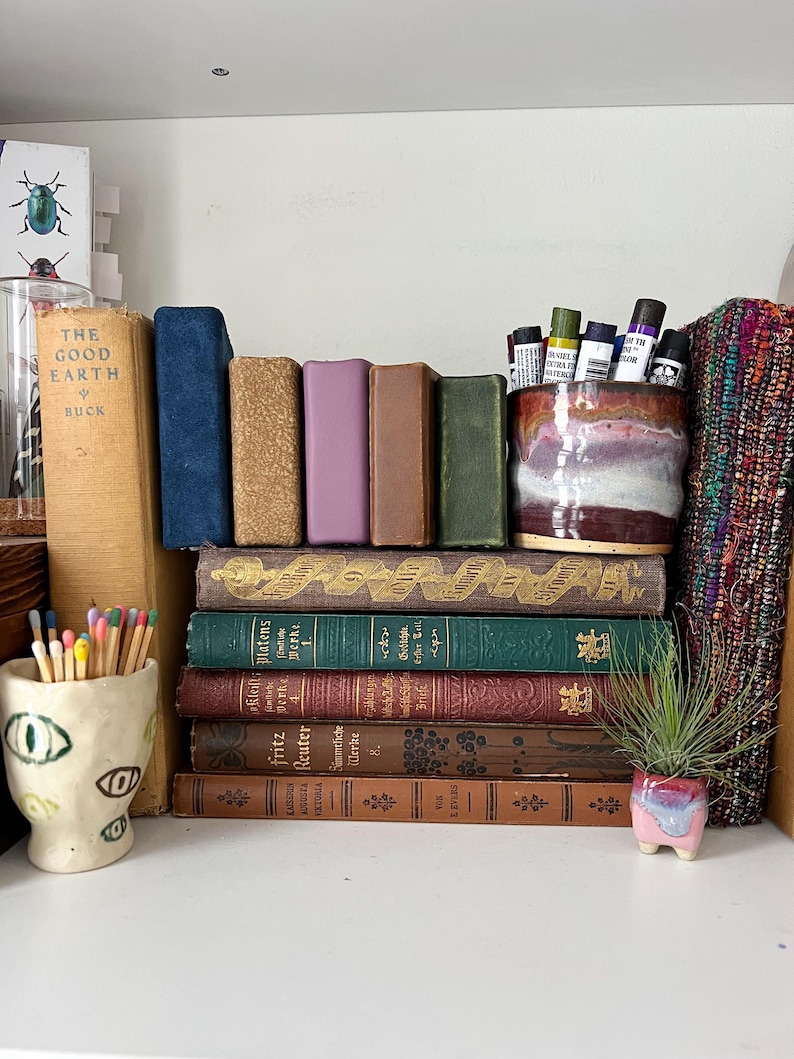 May include: A shelf displays a collection of vintage books with various colors and textures. A ceramic cup holds paint tubes, and a small, decorative pot with a plant sits nearby. A whimsical ceramic match holder with an eye design is also present.