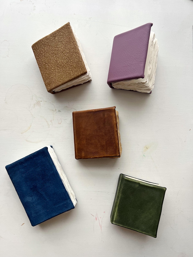 May include: An overhead shot of five miniature handmade books. The books have covers in various colors: brown, purple, brown, blue, and green. The pages are white and appear to be deckle-edged. The books are arranged on a white surface.