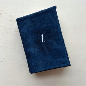 May include: A navy blue, rectangular book or journal with the number "1" printed on the cover. The cover has a textured, suede-like appearance. The book is resting on a white surface.