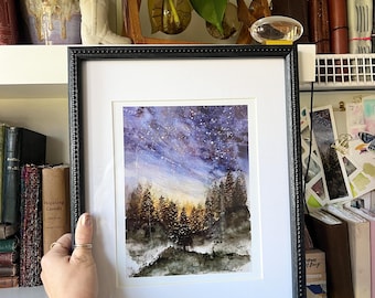Starry Night Watercolor Art Print, Sky Stars, Mountain Landscape 5x7 and 8x10 available