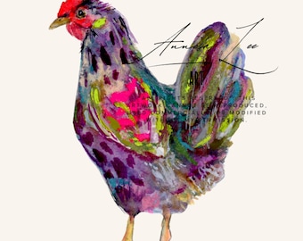 Colorful Abstract Chicken Art Print: Whimsical Farmhouse Kitchen Decor (5x7 Size)
