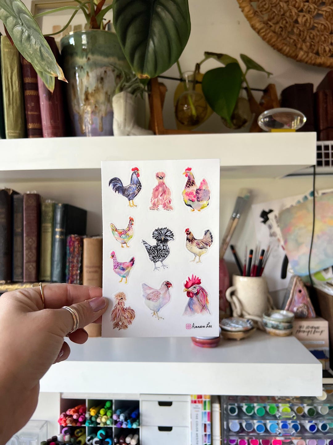 Chicken Drawing Sticker Watercolor Chicken Art Sticker Sheet: Colorful Hen & Rooster Vinyl ...
