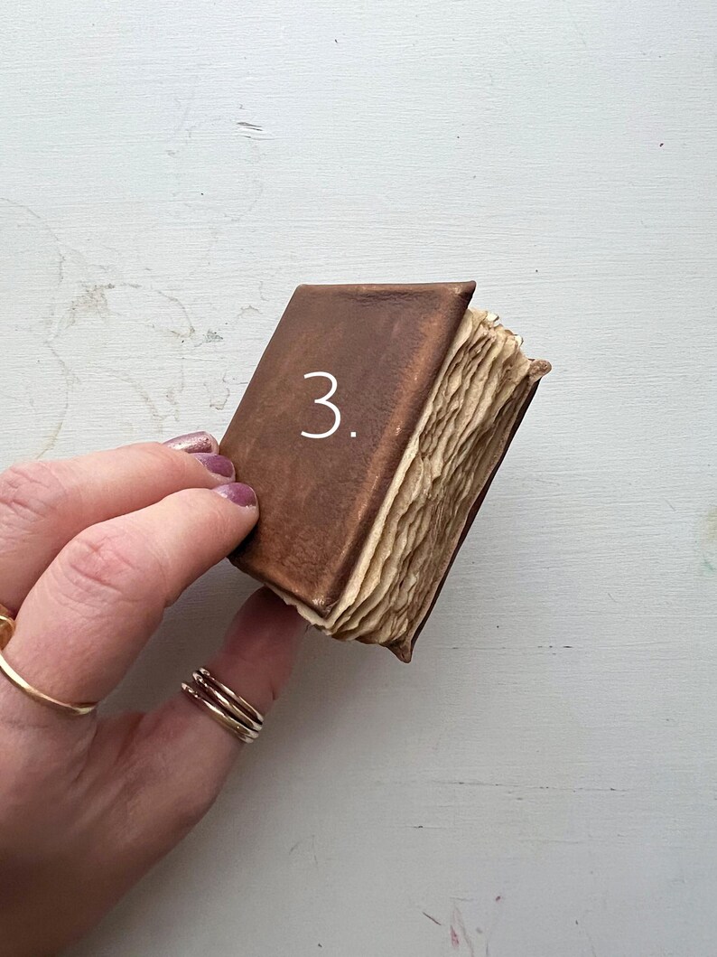 May include: A small, antique-style book with a brown leather cover. The book's pages are aged and textured, with the number "3." written on the cover. The book is held by a hand with gold rings.