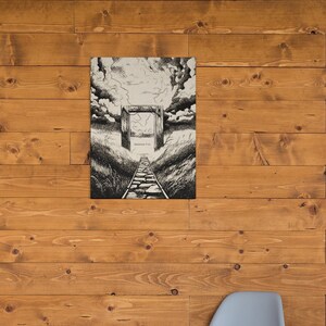 May include: A black and white drawing of a path leading to a large gate with a cloudy sky above. The drawing is framed and hanging on a wood wall. The text "Matthew 7:13" is visible on the drawing.