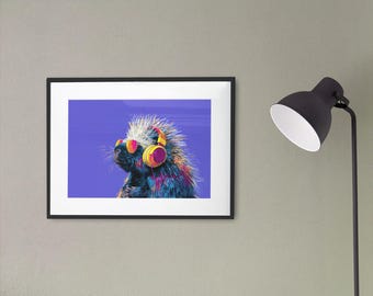 Impresión pop art de DJ Porcupine, decoración urbana colorida para pared