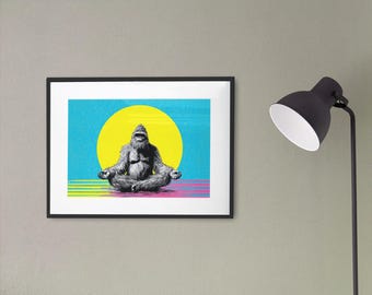 Impresión artística de Pie Grande con Meditación Zen de Sasquatch, obra de arte colorida, decoración divertida