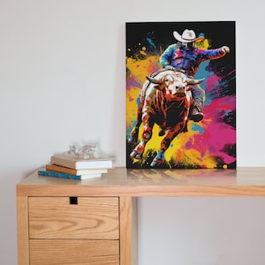 Canvas Art Print - Western Rodeo - PBR Artwork - Colorful Pop Art Style - Man Cave Decor - Masculine Wall Art - “Bull Rider 1”