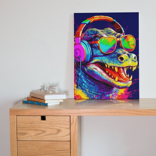 Canvas Art Print - Crocodile Wearing Sunglasses & Headphones - Colorful Pop Art Style - Man Cave Decor - Masculine Wall Art - “DJ Croc”