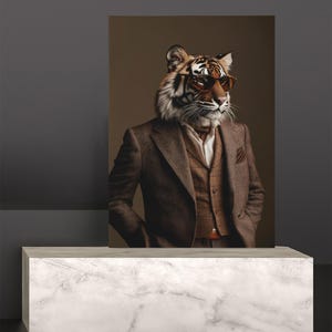 May include: A tiger wearing a brown suit and sunglasses. The tiger is looking directly at the camera.