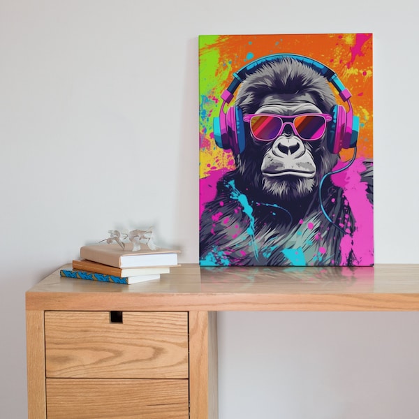 Canvas Art Print - Gorilla Wearing Sunglasses & Headphones Print - Colorful Pop Art Style - Man Cave Decor - Masculine Wall Art - “DJ Rilla”