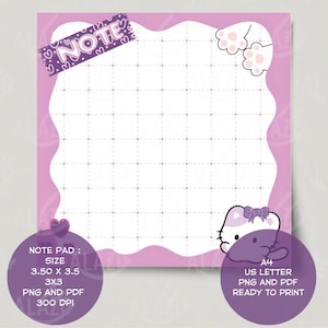 May include: A lilac notepad with a wavy border and a grid pattern. The word "NOTE" is written across the top. The notepad features a cartoon cat design and the text "NOTE PAD: SIZE 8.89 x 8.89 cm 3X3 PNG AND PDF 300 DPI".