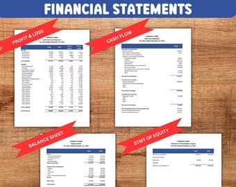 Google Sheets Financial Statement Template with Profit and Loss Statement, Balance Sheet, Cash Flow, Statement of Equity for Small Business