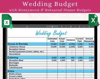 Wedding Budget with Honeymoon Budget & Rehearsal Dinner Budget | Wedding Spreadsheet | Wedding Templates | Wedding Tracker | Wedding Planner