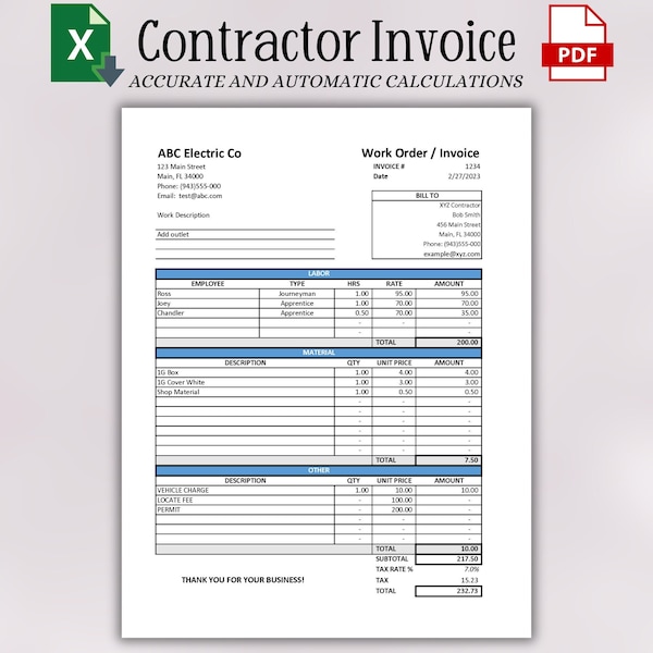 Construction Invoice Template | Contractor Invoice | Editable Invoice Template | Subcontractor Invoice Spreadsheet for Small Business