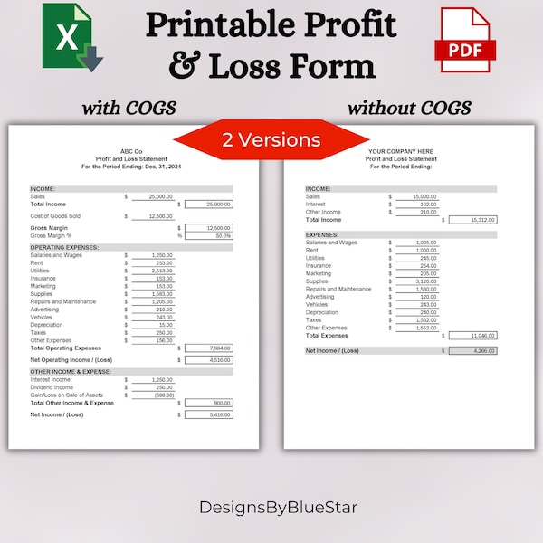 Printable Profit and Loss Form | Profit and Loss Statement Template | Profit and Loss Template for Small Business | Income Statement Form