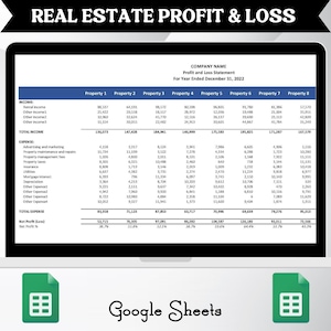 May include: A spreadsheet showing a real estate profit and loss statement for a company named "Company Name" for the year ending December 31, 2022. The spreadsheet shows income and expenses for eight different properties.