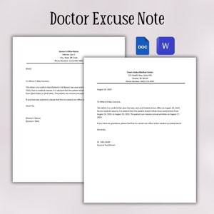 Plantilla de nota de excusa médica editable / Nota médica imprimible / Carta de excusa médica / Formulario médico / Documentos de Google / MS Word