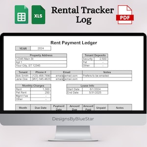 May include: A black and white computer screen displaying a rental tracker log spreadsheet with columns for year, property address, tenant deposits, tenant, phone number, email, notes, monthly charges, lease info, month, due date, payment date, amount due, amount paid, unpaid, and notes. The spreadsheet is titled "Rent Payment Ledger".