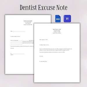 Puede incluir: Una plantilla de nota de excusa del dentista con un espacio en blanco para el nombre, la dirección y el número de teléfono del dentista. La nota está fechada el 13 de agosto de 2024 y establece que el paciente fue visto en la consulta ese día y se le aconsejó que descansara durante dos días. El paciente puede volver a sus actividades regulares el 15 de agosto de 2024.