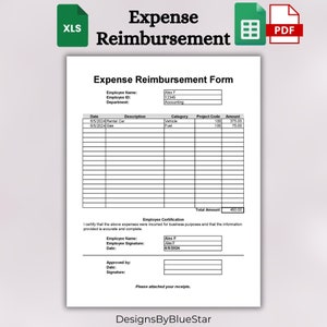 Printable Expense Report Form | Editable Employee Reimbursement Expenses | Employee Travel Expense | HR Templates & Forms | Employee Expense