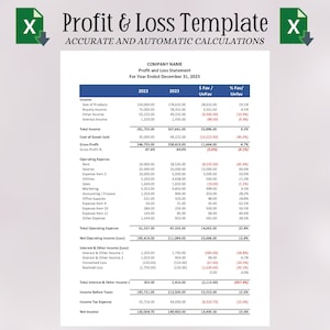 前年との比較を含む損益計算書テンプレート | Excel ビジネス テンプレート | 財務分析用の P&L Excel スプレッドシート