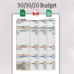 50/30/20 Budget Planner | 50-30-20 Budget Template | Monthly Budget Spreadsheet | Weekly Budget Worksheet | Google Sheets Budget Excel