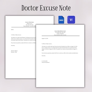 Plantilla editable de nota de excusa médica / Nota médica imprimible / Carta de excusa médica / Nota de excusa escolar / Documentos de Google / MS Word