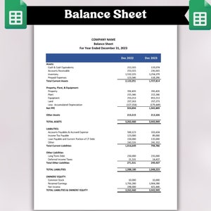 May include: A balance sheet for a company showing assets, liabilities, and owner's equity for the years 2022 and 2023. The sheet includes categories such as cash and cash equivalents, accounts receivable, inventory, prepaid expenses, property, plant, and equipment, other assets, accounts payables and accrued expense, income tax payable, loan payable, other liabilities, common stock, retained earnings, and net income.