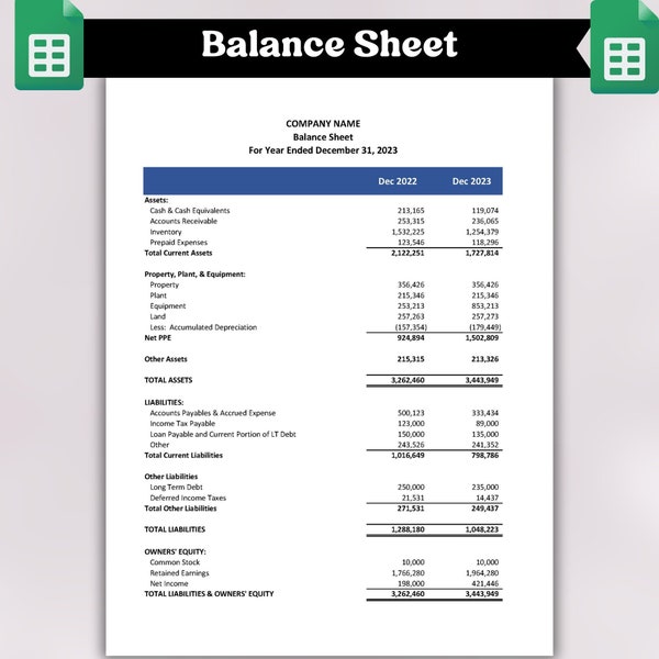 Balance Sheet | Balance Sheet Template | Google Sheets Balance Sheet | Small Business Balance Sheet | Statement of Financial Position