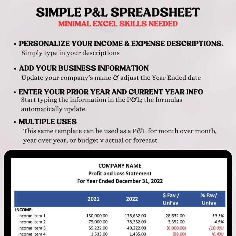 Provit Multipe Rows Simple Profit & Loss Statement Spreadsheet | Easy-to-use Excel Template ...