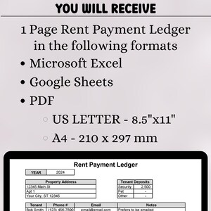 Op de afbeelding: Een zwart-wit afbeelding van een sjabloon voor een huurbetalingsregister. De sjabloon bevat kolommen voor jaar, eigendomsadres, huurdersdeposito's, huurdersnaam, telefoonnummer, e-mail en notities. De sjabloon is ontworpen voor gebruik in Microsoft Excel, Google Sheets en PDF-formaten. De sjabloon is beschikbaar in de formaten US Letter (8,5" x 11") en A4 (210 x 297 mm).
