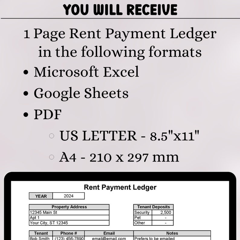Op de afbeelding: Een zwart-wit afbeelding van een sjabloon voor een huurbetalingsregister. De sjabloon bevat kolommen voor jaar, eigendomsadres, huurdersdeposito's, huurdersnaam, telefoonnummer, e-mail en notities. De sjabloon is ontworpen voor gebruik in Microsoft Excel, Google Sheets en PDF-formaten. De sjabloon is beschikbaar in de formaten US Letter (8,5" x 11") en A4 (210 x 297 mm).