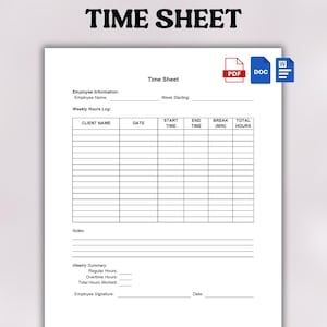 Printable Employee Time Sheet | Employee Timesheet | Weekly Timecard | Employee Hours Tracker | Work Hours Log | Time Tracking Sheet